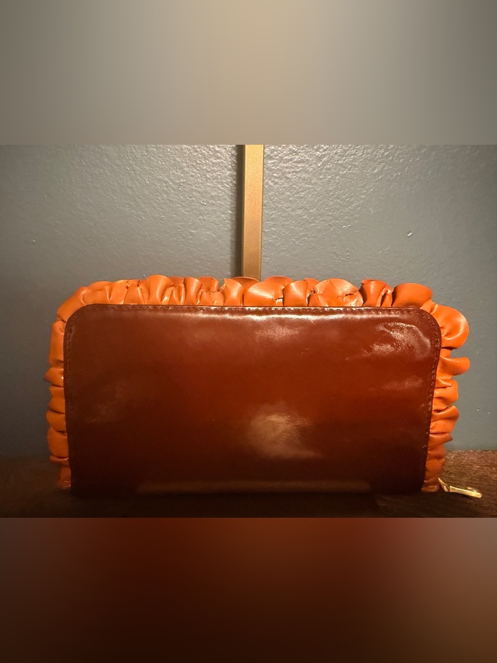 Miu Miu Two-Tone Brown and Orange Patent Ruffle Bow Wallet - Picture 2 of 9